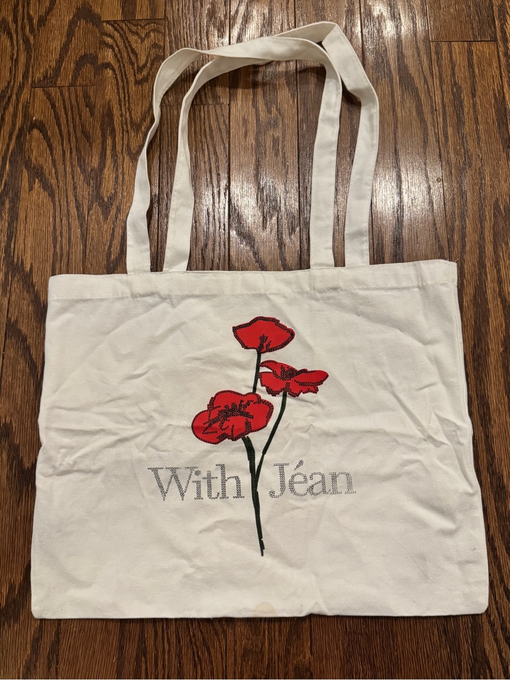 With Jean Canvas Tote with Red Floral Embroidery